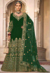 Embroidered Velvet Abaya Style Suit in Green