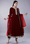 Embroidered Velvet Anarkali Suit in Maroon