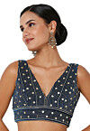 Embroidered Velvet Blouse in Navy Blue