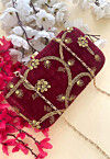 Embroidered Velvet Clutch Bag in Maroon