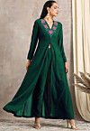 Embroidered Velvet Front Slit Kurta in Dark Green