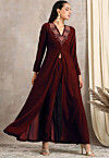 Embroidered Velvet Front Slit Kurta in Maroon