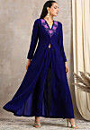 Embroidered Velvet Front Slit Kurta in Navy Blue