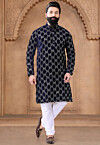 Embroidered Velvet Kurta Set in Navy Blue