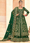 Embroidered Velvet Lehenga in Green