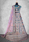 Embroidered Velvet Lehenga in Teal Blue