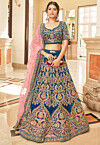 Embroidered Velvet Lehenga in Teal Blue