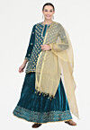 Embroidered Velvet Lehenga in Teal Blue
