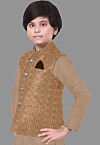 Embroidered Velvet Nehru Jacket in Beige