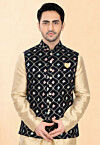 Embroidered Velvet Nehru Jacket in Navy Blue