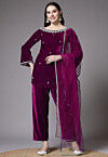 Embroidered Velvet Pakistani Suit in Magenta