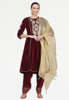 Embroidered Velvet Pakistani Suit in Maroon