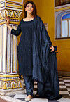 Embroidered Velvet Pakistani Suit in Navy Blue