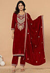 Embroidered Velvet Pakistani Suit in Red