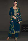 Embroidered Velvet Pakistani Suit in Teal Blue