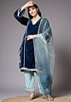 Embroidered Velvet Pakistani Suit in Teal Blue