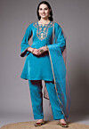 Embroidered Velvet Pakistani Suit in Teal Blue
