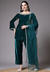 Hand Embroidered Velvet Pakistani Suit in Teal Green