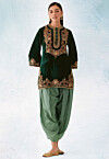 Embroidered Velvet Punjabi Suit in Dark Green