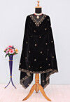 Embroidered Velvet Scalloped Dupatta in Black