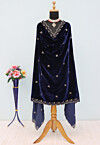 Embroidered Velvet Scalloped Dupatta in Navy Blue