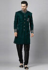 Embroidered Velvet Sherwani in Dark Teal Green