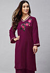 Embroidered Velvet Straight Kurta in Dark Purple