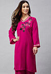 Embroidered Velvet Straight Kurta in Fuchsia