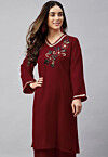 Embroidered Velvet Straight Kurta in Maroon
