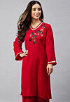 Embroidered Velvet Straight Kurta in Red