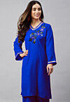 Embroidered Velvet Straight Kurta in Royal Blue