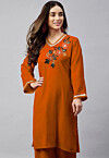 Embroidered Velvet Straight Kurta in Rust