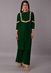 Embroidered Velvet Straight Kurta Set in Dark Green
