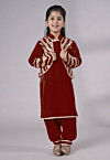 Readymade Embroidered Velvet Straight Kurta Set in Maroon