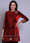 Embroidered  Velvet Straight Kurti in Red