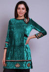 Embroidered  Velvet Straight Kurti in Teal Blue