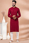Embroidered Viscose Rayon Kurta Set in Red