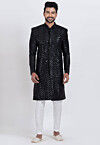 Embroidered Viscose Rayon Sherwani in Black