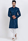 Embroidered Viscose Rayon Sherwani in Dark Teal Blue