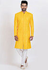 Embroidered Viscose Rayon Sherwani in Yellow