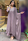 Embroidered Viscose Silk A Line Suit in Dusty Purple