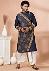 Embroidered Viscose Silk Angrakha Kurta Set in Navy Blue