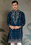 Embroidered Viscose Silk Kurta in Dark Teal Blue