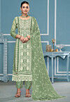 Embroidered Viscose Silk Pakistani Suit in Light Green