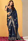 Foil Printed Art Silk Saree in Navy Blue