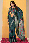 Foil Printed Art Silk Saree in Teal Blue