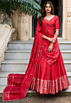 Foil Printed Chanderi Silk Lehenga in Red