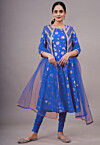 Foil Printed Cotton A Line Suit in Blue