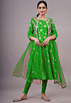 Foil Printed Cotton A Line Suit in Green