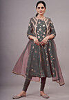 Foil Printed Cotton A Line Suit in Grey